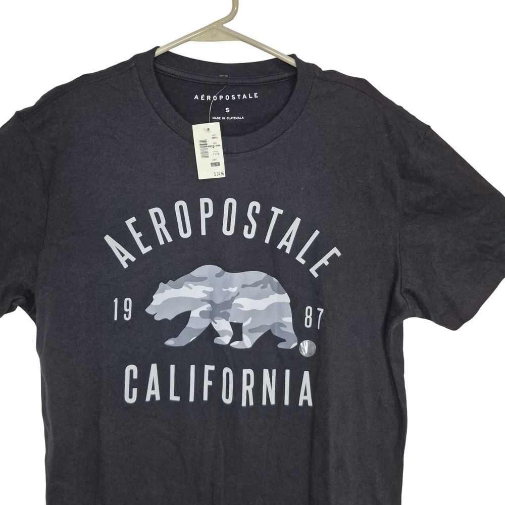NWT Aeropostale T-Shirt Mens Small Black California Camo Bear Graphic Tee Cotton